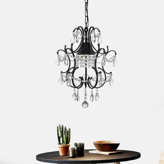 Vintage Iron Frame Lantern Pendant - 1 Light Black Ceiling Fixture with Crystal Accent