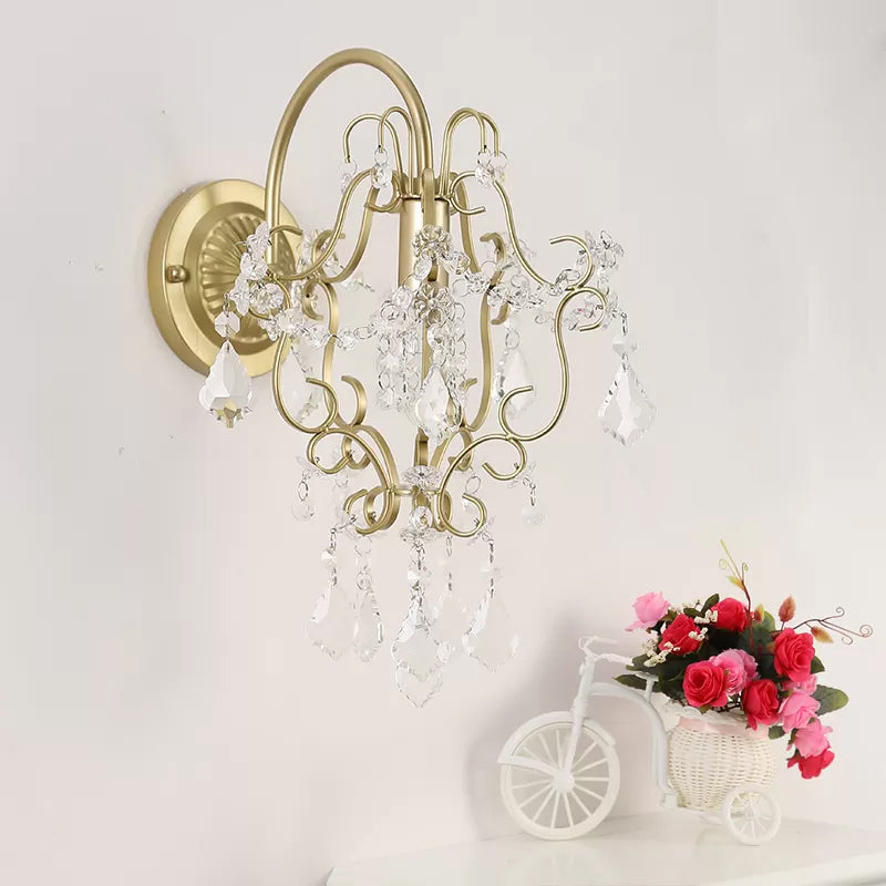 Rustic Metal Wall Mount Lamp With Crystal Accent - Gold Sconce Light