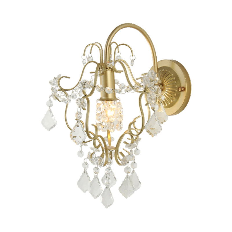 Rustic Metal Wall Mount Lamp With Crystal Accent - Gold Sconce Light
