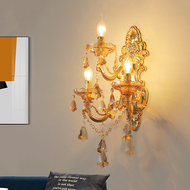 Modern Crystal Candelabra Wall Mount Light With 3 Gold Lights - Living Room Sconce / Shadeless