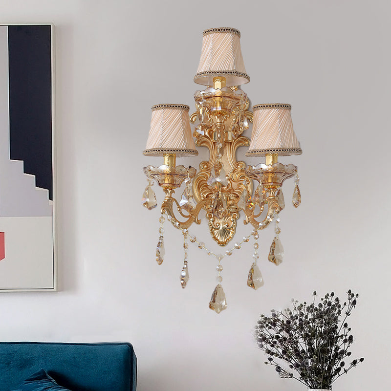 Modern Crystal Candelabra Wall Mount Light With 3 Gold Lights - Living Room Sconce
