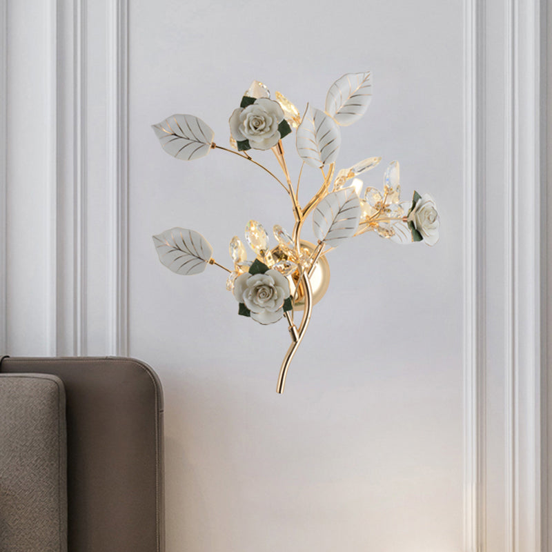 Ceramic And Crystal Branch Wall Lamp With 3 Bulbs Rose/Leaf Design In Black/White For Bedroom Sconce