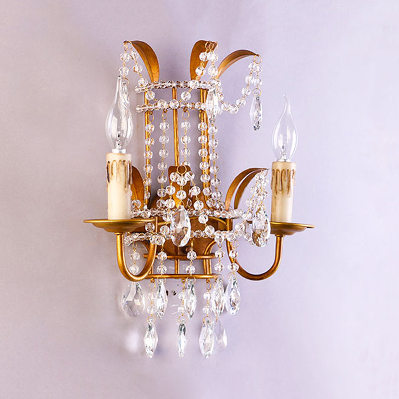 Vintage Style Clear Crystal Beaded Sconce Wall Lamp With Brass Finish - Ideal For Bedroom