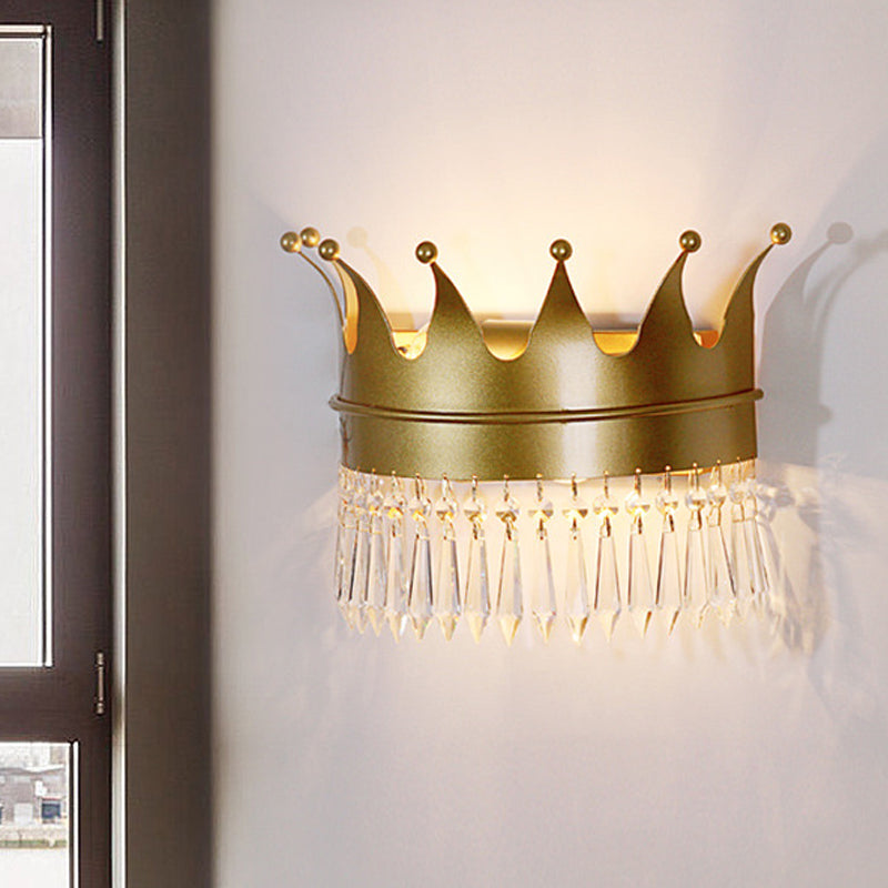 Vintage Golden Crown Wall Sconce - Stylish 2-Light Metal Lamp With Clear Crystal Details Gold / A