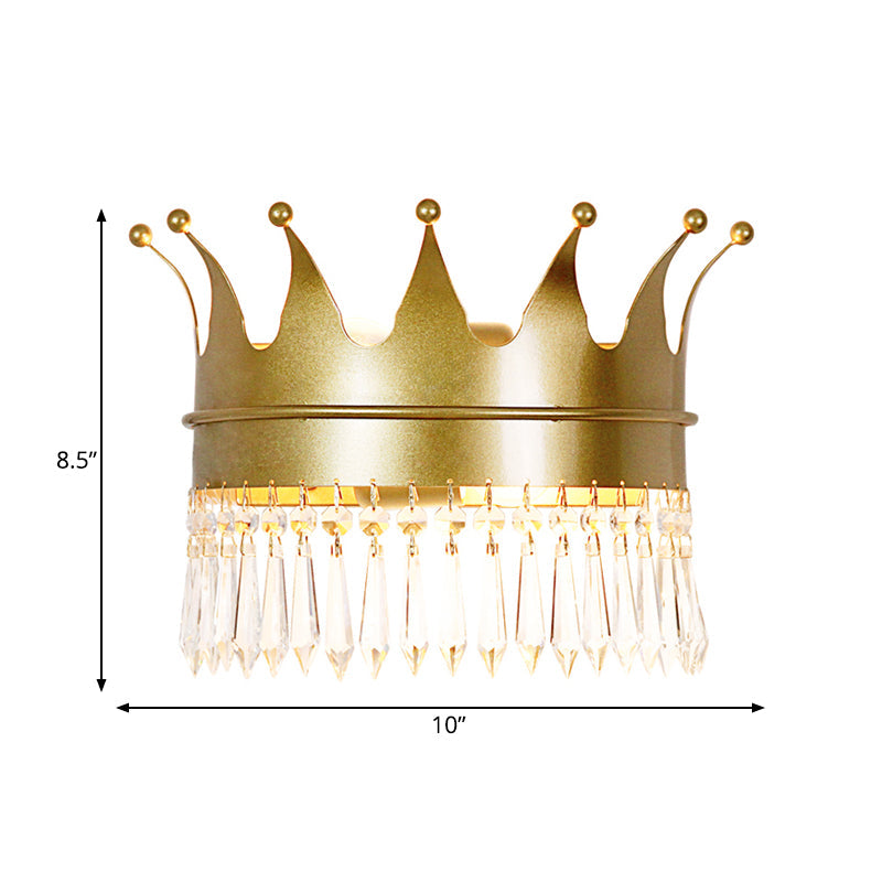 Vintage Golden Crown Wall Sconce - Stylish 2-Light Metal Lamp With Clear Crystal Details