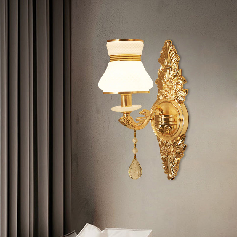 Modern Frosted Glass Bell Shade Wall Sconce With Gold Carved Backplate