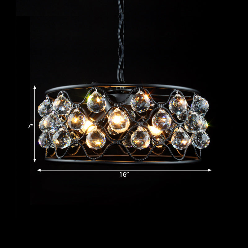 Vintage Metal and Crystal Drum Chandelier - 3 Lights - Black Ceiling Light for Living Room