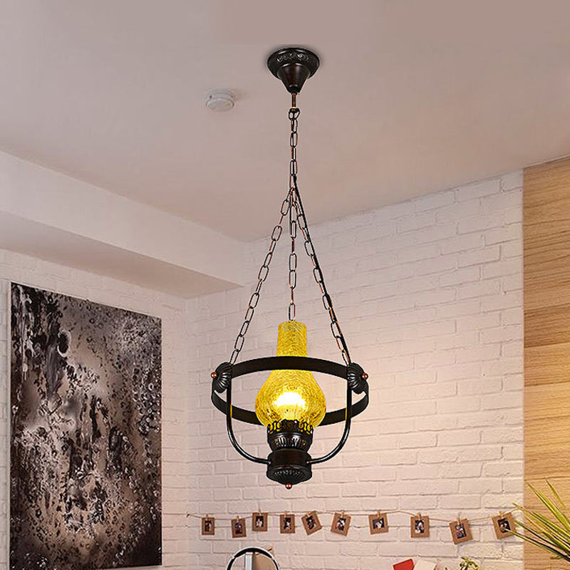 Black Crackle Glass Pendant Light With Metal Ring - Classic Vase Shade Hanging Lamp