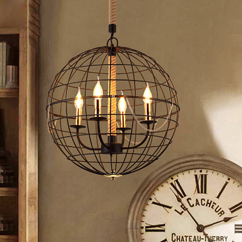 Traditional Black Metal Pendant Chandelier With Globe Cage - 3/4 Lights Ideal For Living Room