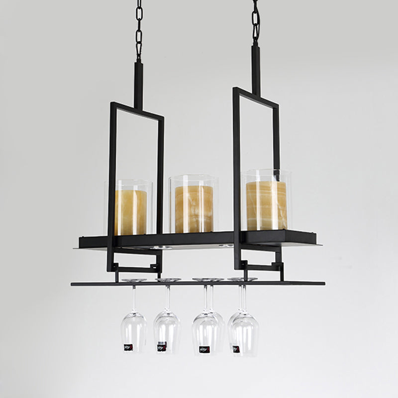 Traditional Black Island Light Fixture With Clear Glass Cylindrical Pendant Lighting For Dining Room