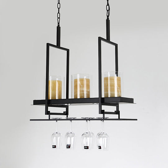 Traditional Black Island Light Fixture With Clear Glass Cylindrical Pendant Lighting For Dining Room