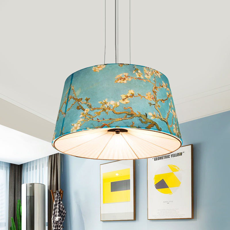 Nordic Apricot Design Drum Chandelier - 4 Light Pendant For Living Room In White/Blue/Beige Fabric
