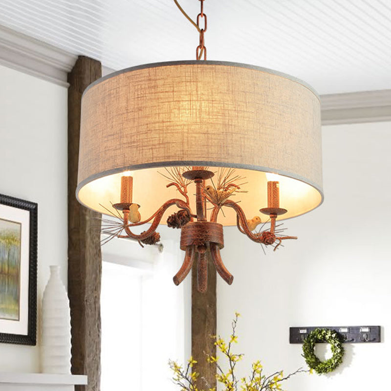 Vintage Drum Shade Chandelier Pendant Light With Pine Branch And Bird Design - 3 Bulbs Fabric Ideal