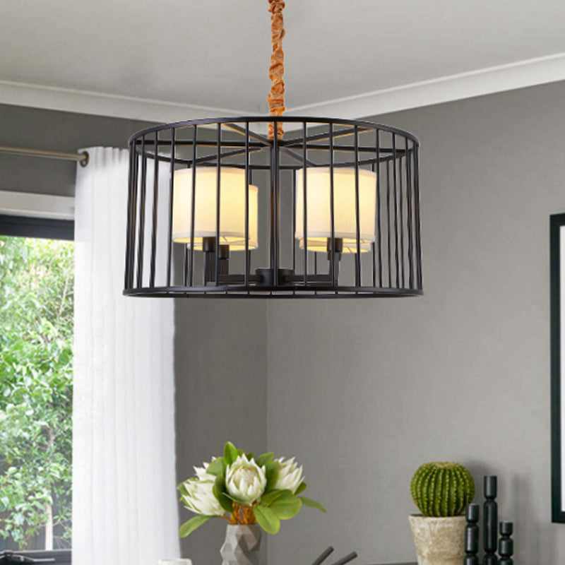 Cylinder Pendant Chandelier: Classic Metal 4-Light Black Fixture With Fabric Shade - Perfect For