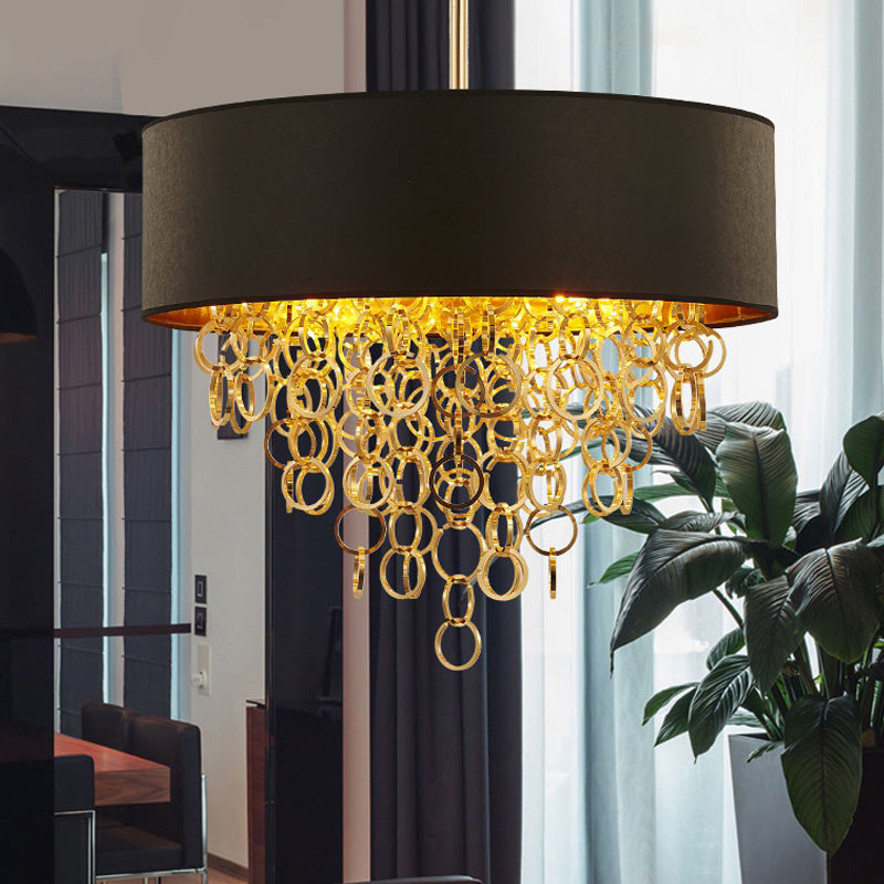 Vintage Cylinder Chandelier: 3-Light Fabric Pendant In Black With Gold Ring 18 And 23.5 Wide