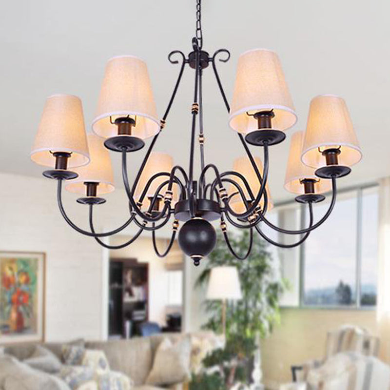Flaxen 8-Light Chandelier: Traditional Cone Pendant Lamp With Scrolled Arm - Fabric Shade