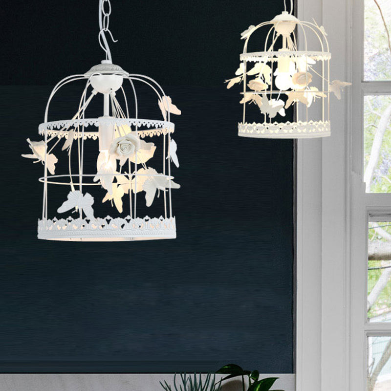 Traditional Metal Hanging Ceiling Light - White Bird Cage Bedroom Pendant