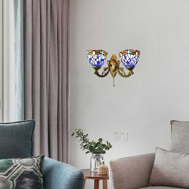Dragonfly Stained Glass Wall Sconce - Vintage Tiffany Style With Dual Blue Heads 8.5/11 Wide / 8.5