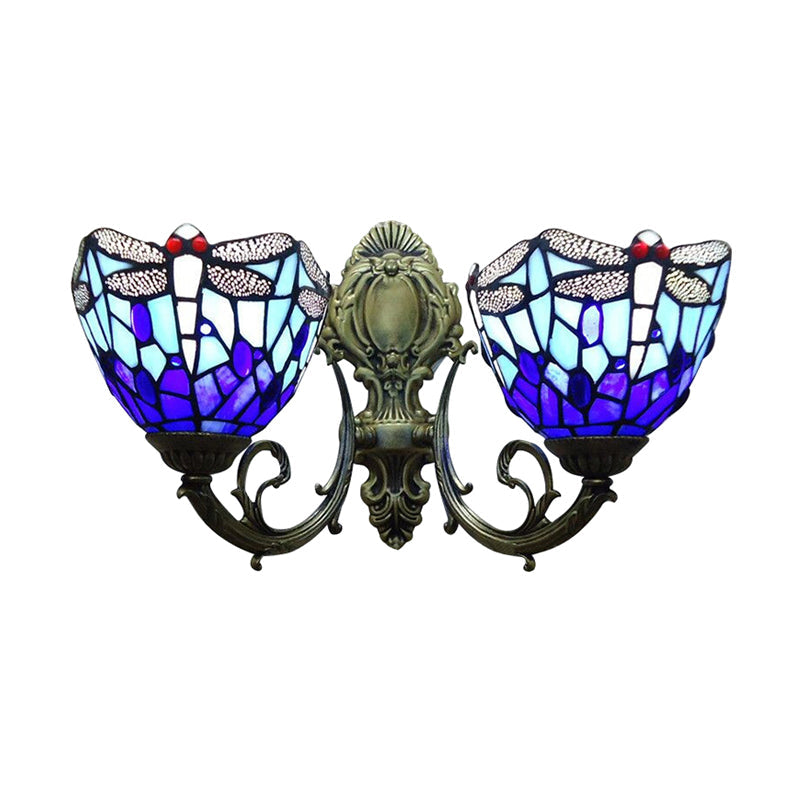 Dragonfly Stained Glass Wall Sconce - Vintage Tiffany Style With Dual Blue Heads 8.5/11 Wide
