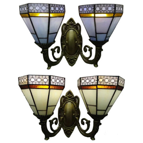 Tiffany Style Art Glass Pyramid Wall Sconce With 2 Bulbs In Beige/Blue For Study Room