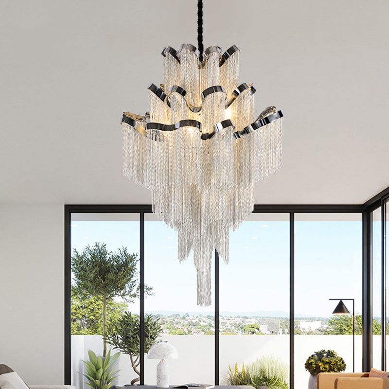 Modern Silver Chandelier Light Fixture - Multi-Tiered Hanging With Tassel For Living Room 7/8 Lights