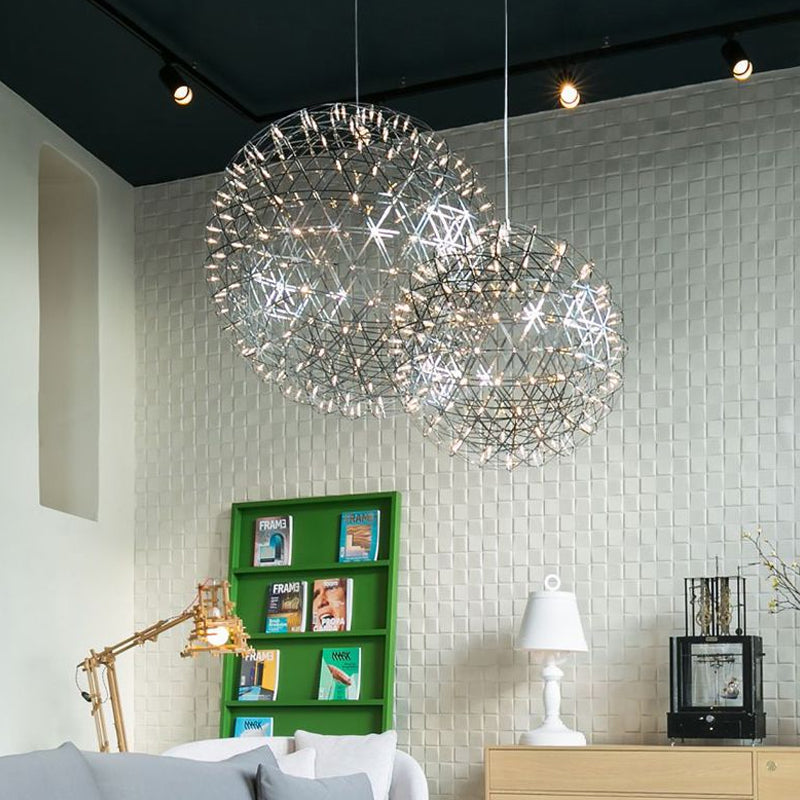 Modernist Stainless Steel Firework Chandelier With Led Orb Shade - 8/12 W Chrome