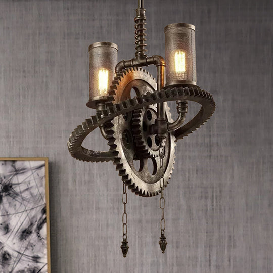 Rustic Wrought Iron Bronze Chandelier 2-Light Hanging Lamp With Gear-Shaped Design & Mesh Cylinder
