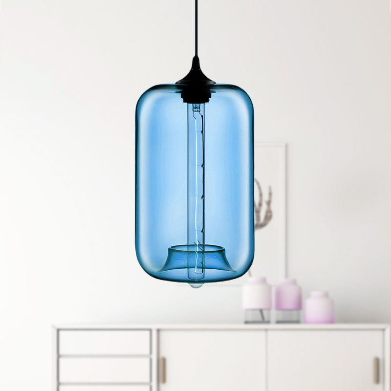 Contemporary Cylinder Glass Hanging Lamp - 1 Light, Red/Brown/Blue Ceiling Light