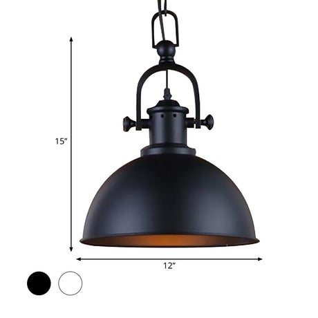 Vintage Dome Pendant Light - Metal Hanging Lamp With 1 Bulb In Black/White For Dining Room