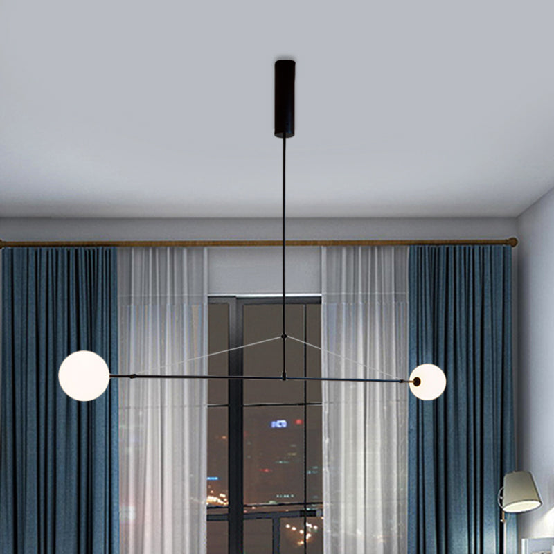 2-Head Indoor Pendant Light With Global White Glass Shade - Minimalist Black Chandelier Lamp