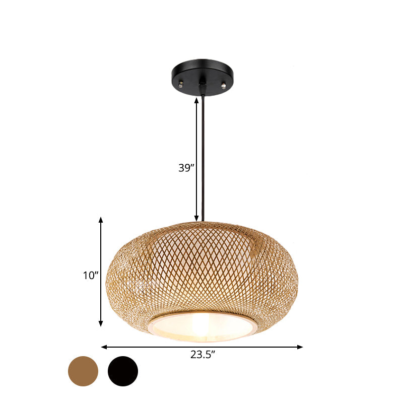 Asian Single Head Bamboo Lantern Suspended Light With Fabric Cylinder Shade