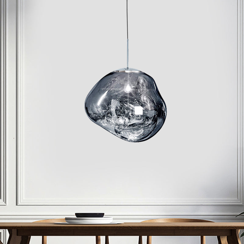Contemporary Irregular Pendant Lighting Silver/Red Handblown Glass 1 Light Dining Room Hanging Lamp, 8"/12" Wide