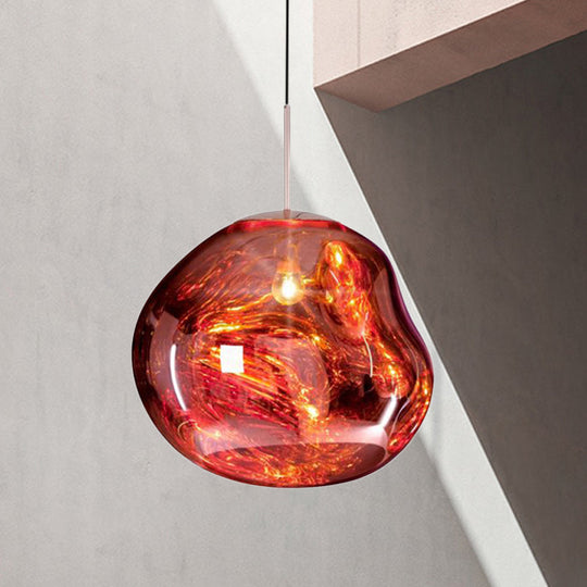 Contemporary Irregular Pendant Lighting Silver/Red Handblown Glass 1 Light Dining Room Hanging Lamp, 8"/12" Wide