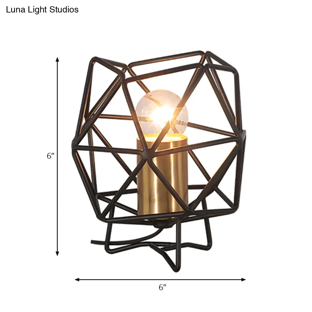 6/12.5 Wide Geometric Cage Metal Table Light - Retro Industrial Bedside Lamp In Black