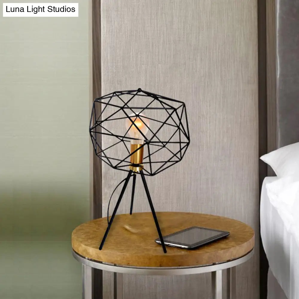 6/12.5 Wide Geometric Cage Metal Table Light - Retro Industrial Bedside Lamp In Black