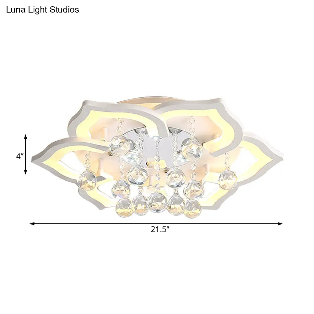 6/16/20 White Flush Mount Ceiling Light For Living Room - Warm/White Floral Acrylic Shade Crystal