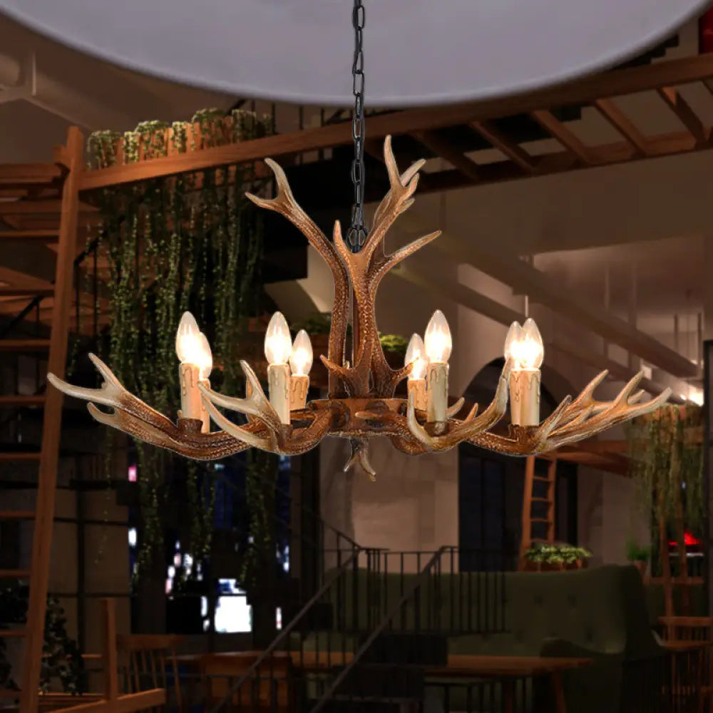 6/8 Light Antler Chandelier: Rustic Khaki Resin Suspension Fixture For Restaurants 8 /