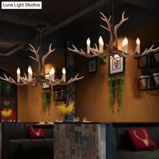 6/8 Light Antler Chandelier: Rustic Khaki Resin Suspension Fixture For Restaurants