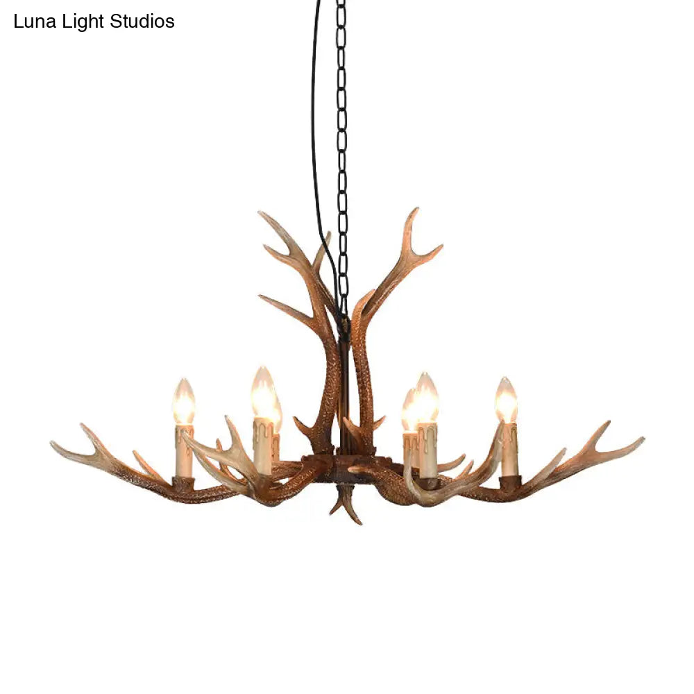 6/8 Light Antler Chandelier: Rustic Khaki Resin Suspension Fixture For Restaurants