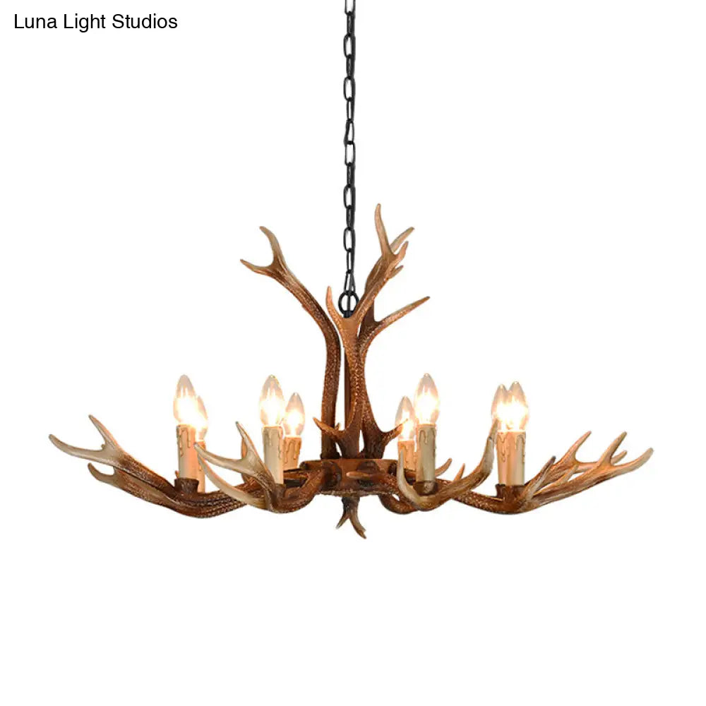 6/8 Light Antler Chandelier: Rustic Khaki Resin Suspension Fixture For Restaurants