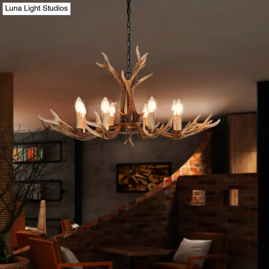 6/8 Light Antler Chandelier: Rustic Khaki Resin Suspension Fixture For Restaurants