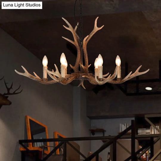 6/8 Light Antler Chandelier: Rustic Khaki Resin Suspension Fixture For Restaurants