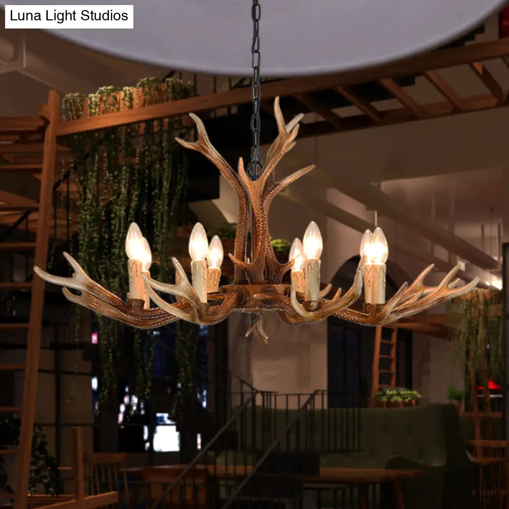 6/8 Light Antler Chandelier: Rustic Khaki Resin Suspension Fixture For Restaurants