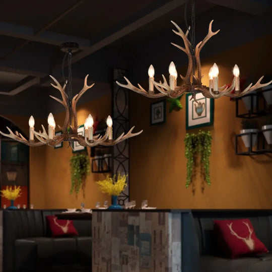 6/8 Light Antler Chandelier: Rustic Khaki Resin Suspension Fixture For Restaurants 6 /