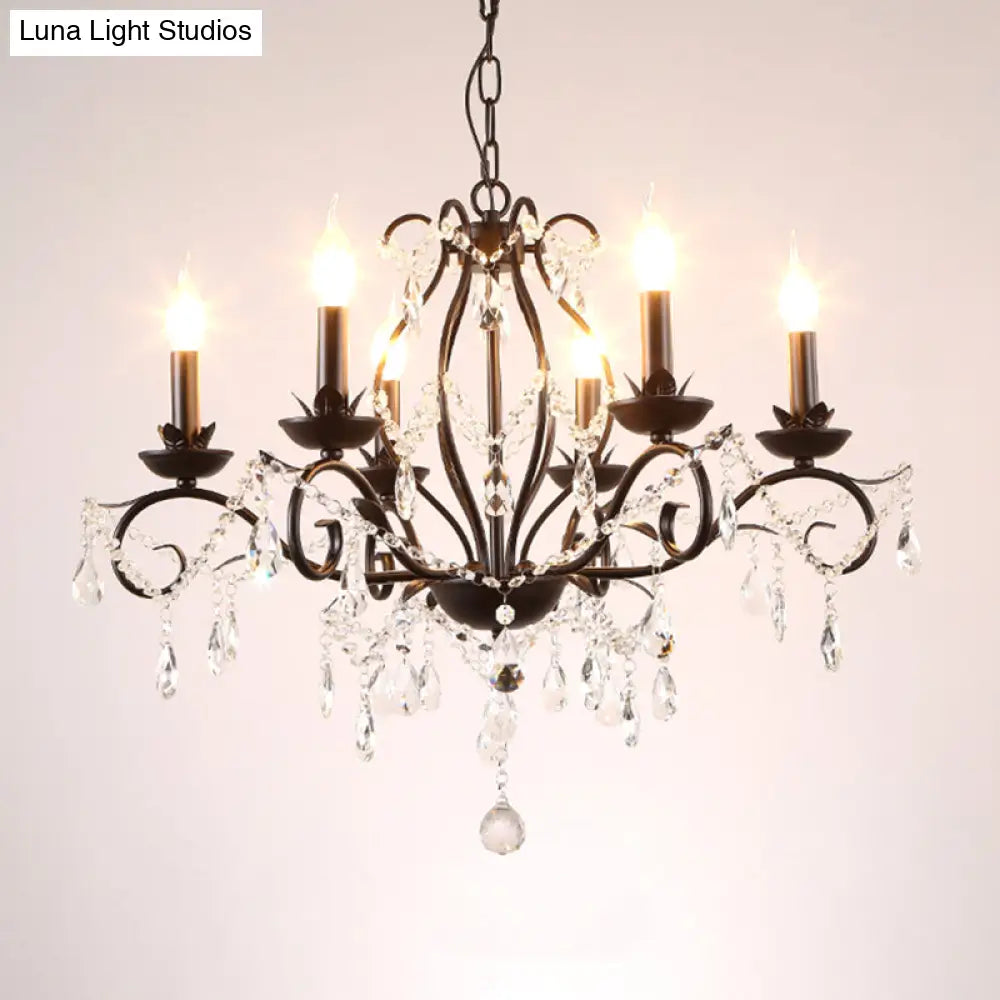 6/8-Light Traditional Black Metallic Candle Chandelier With Crystal Accents