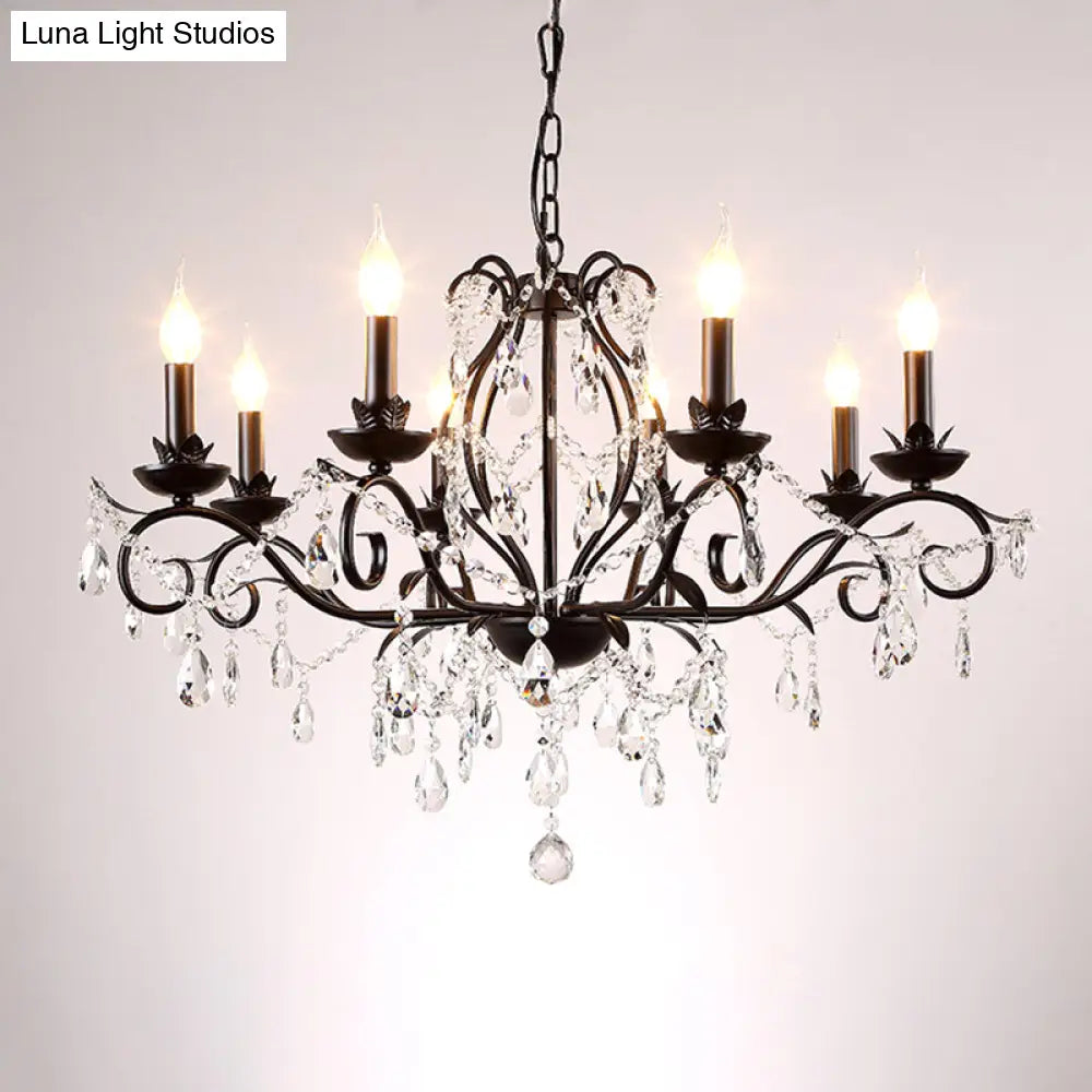 6/8-Light Traditional Black Metallic Candle Chandelier With Crystal Accents