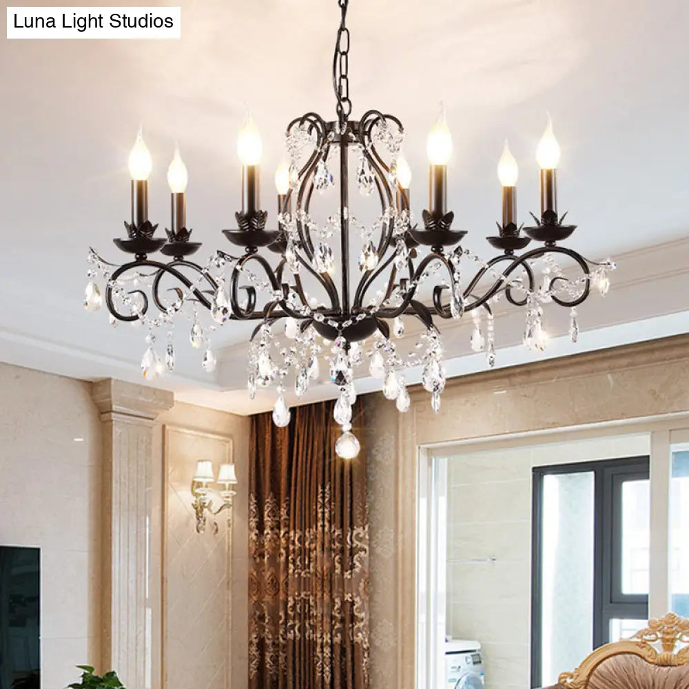 6/8-Light Traditional Black Metallic Candle Chandelier With Crystal Accents