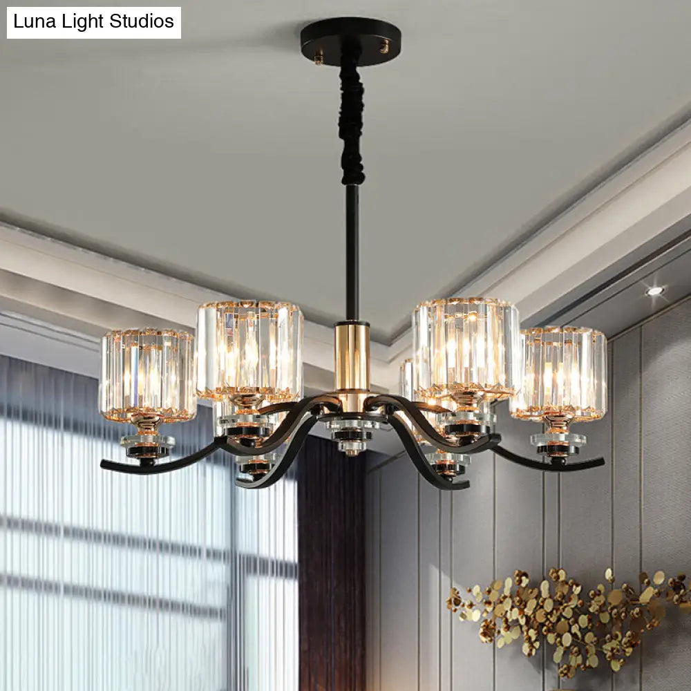 6-Bulb Black Cylinder Hanging Ceiling Light With Crystal Prisms - Elegant Bedroom Chandelier Lamp