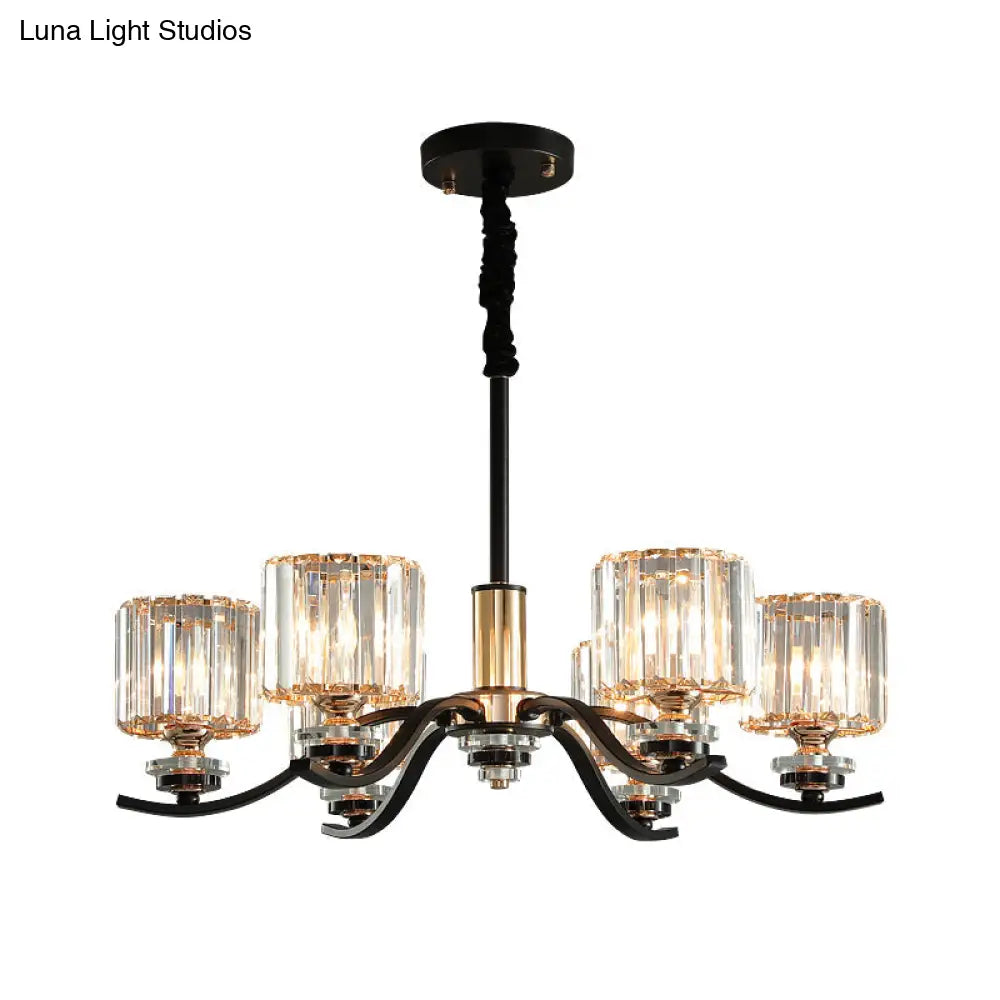 6-Bulb Black Cylinder Hanging Ceiling Light With Crystal Prisms - Elegant Bedroom Chandelier Lamp