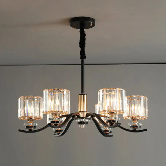 6-Bulb Black Cylinder Hanging Ceiling Light With Crystal Prisms - Elegant Bedroom Chandelier Lamp